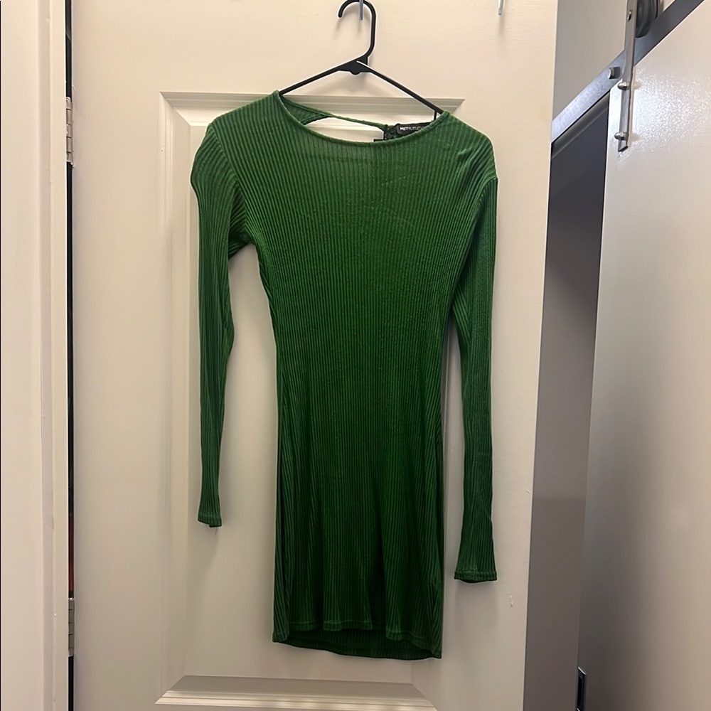 Green Ribbed Long Sleeve Dress